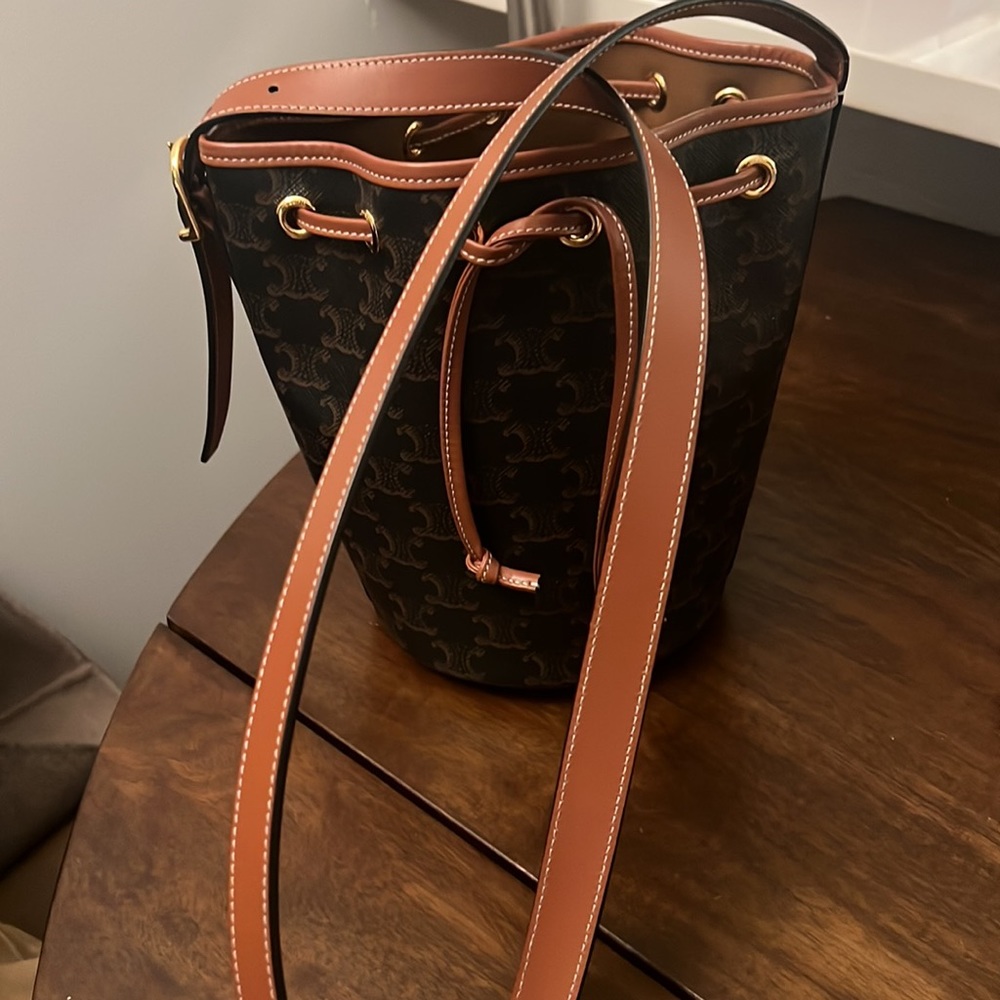 Celine Small Drawstring Bag In Triomphe Canvas An… - image 1